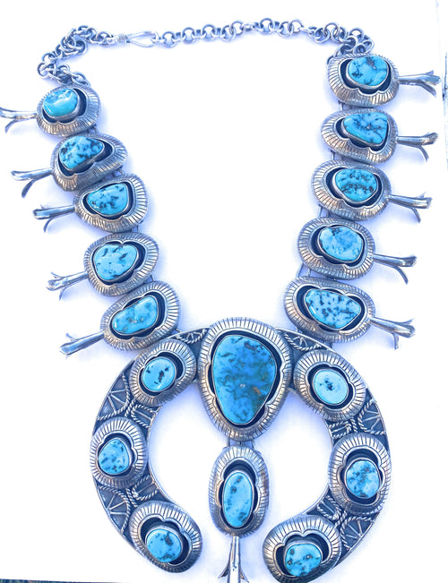 Handcrafted Vintage Kingman Turquoise & Sterling Silver Squash Blossom Necklace