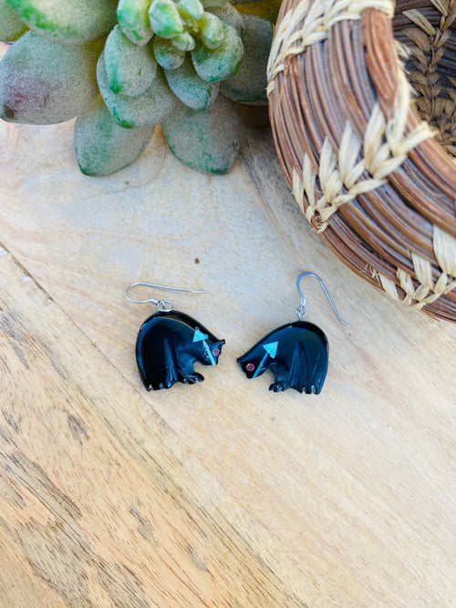 Handcrafted Vintage Jet & Turquoise Fetish Bear Earrings