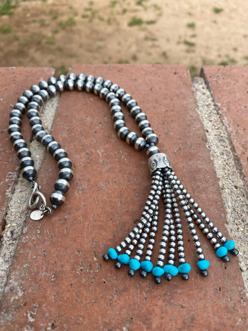 Handcrafted Sterling Silver Beaded Turquoise Tassel Necklace