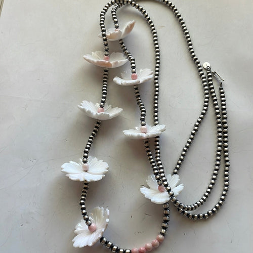 Handcrafted Pink Conch & Sterling Silver Flower Beaded Necklace 48”