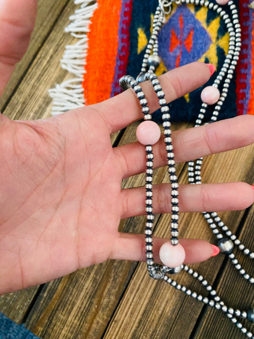 Handcrafted Sterling Silver Pearl, Turquoise & Queen Pink Conch Beaded Necklace 72”