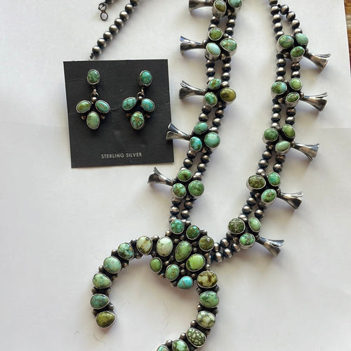 Navajo Sonoran Turquoise & Sterling Squash Blossom Set Signed Kathleen Chavez