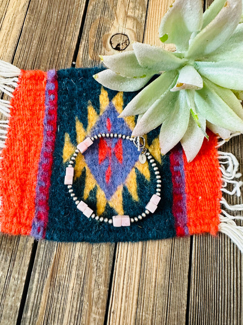 Handcrafted Queen Pink Conch Shell & Sterling Silver Beaded Bracelet