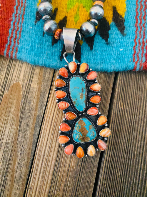 Navajo Sterling Silver, Turquoise & Spiny Oyster Beaded Necklace by Sheila Becenti