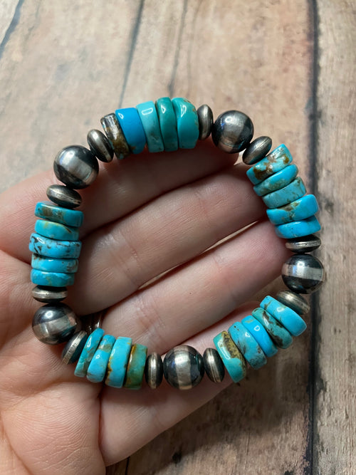 Handcrafted Sterling Silver Stretchy Natural #8 Turquoise Beaded Bracelet 12 mm pearl