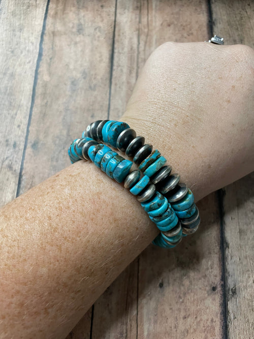 Handcrafted Sterling Silver Stretchy Natural #8 Turquoise Beaded Bracelet