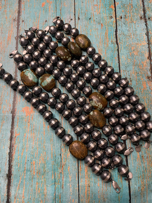 Handcrafted Sterling Silver Pearl 12mm Beaded Bracelet With Natural #8 Stone