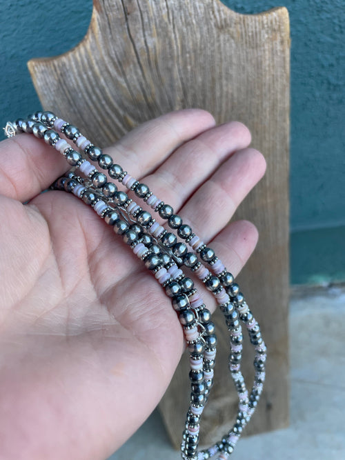 Handcrafted Pink Conch & Sterling Silver Beaded Necklace 18-20”