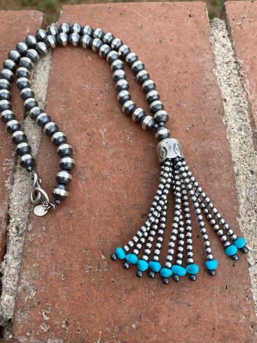 Handcrafted Sterling Silver Beaded Turquoise Tassel Necklace