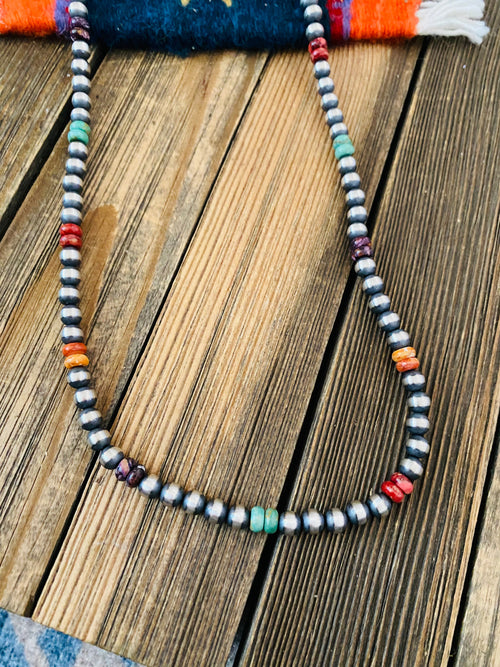 Handcrafted Multi Stone & Sterling Silver Pearl Beaded 30” Necklace
