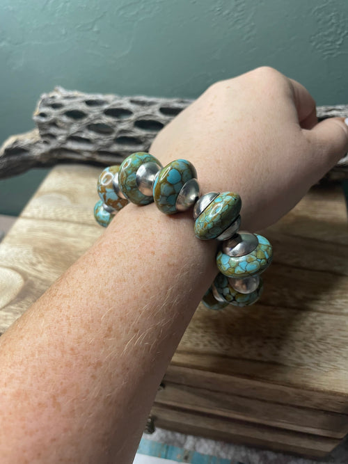 Handcrafted Sterling Silver Stretchy Natural #8 Turquoise Large Beaded Bracelet