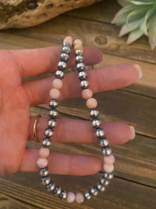 Handcrafted Sterling Silver Pearl & Pink Opal Beaded Necklace 30 inch