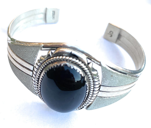 Handcrafted Vintage Onyx & Sterling Silver Cuff Bracelet Signed /