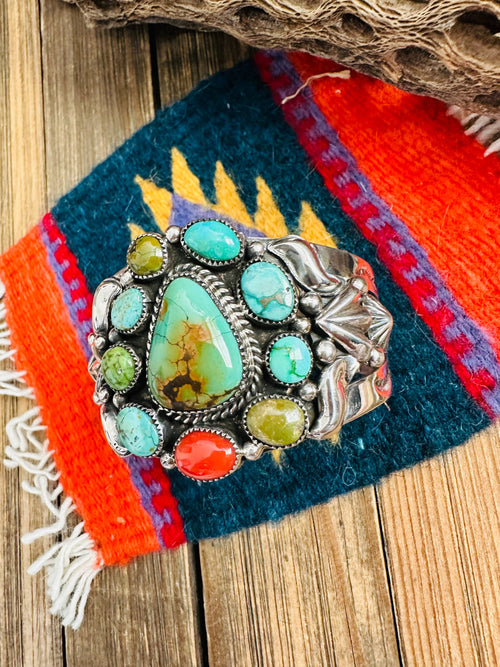 Navajo Old Pawn Turquoise, Coral & Sterling Silver Cuff Bracelet /