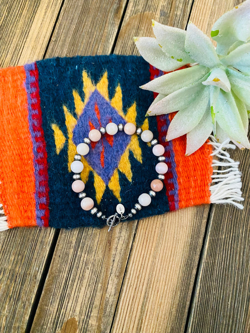 Handcrafted Queen Pink Conch Shell & Sterling Silver Beaded Bracelet