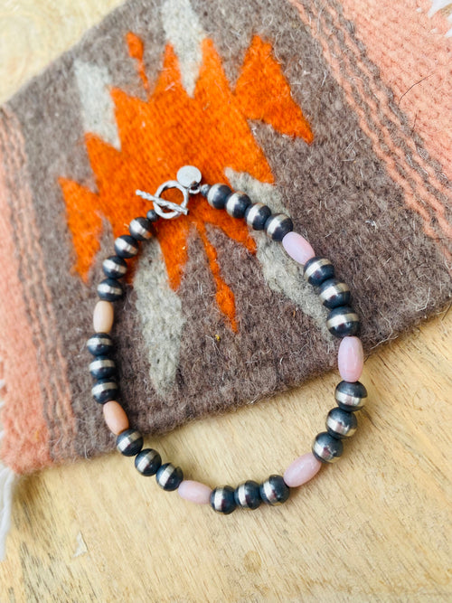 Handcrafted 6mm Sterling Silver Pearl & Pink Opal Beaded Bracelet