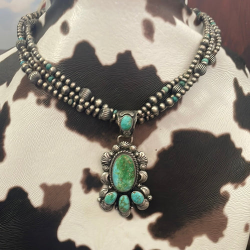 Beautiful Navajo Sterling Silver 3 Strand Beaded Turquoise Necklace With Pendant Signed Gilbert Tom