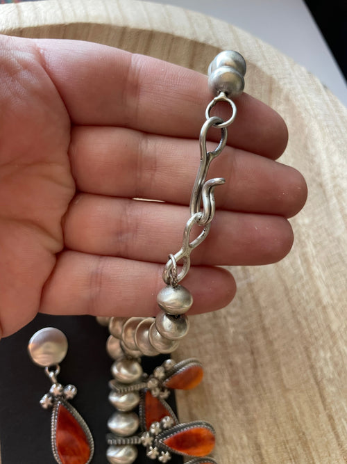 Navajo Orange Spiny And Sterling Silver Squash Blossom Necklace Earrings Set By Selena Warner