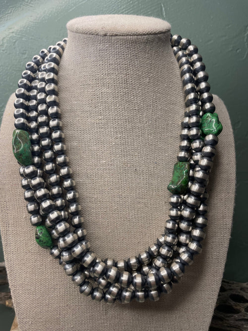 Sterling Silver Pearl 8mm Beaded Necklace With Turquoise Stone 18"