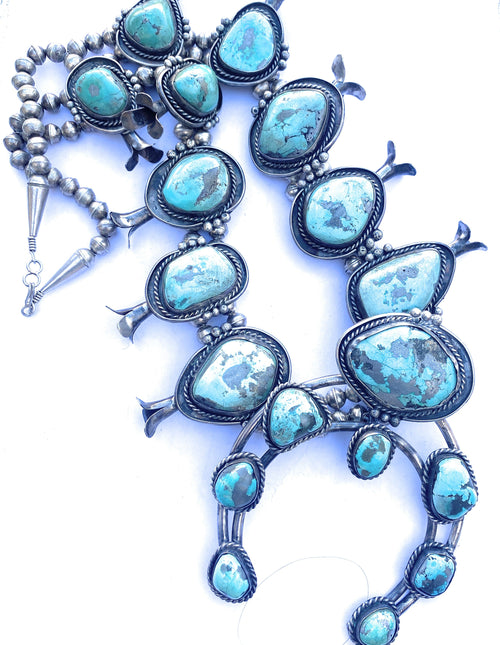 Handcrafted Vintage Turquoise & Sterling Silver Jumbo Squash Blossom Necklace