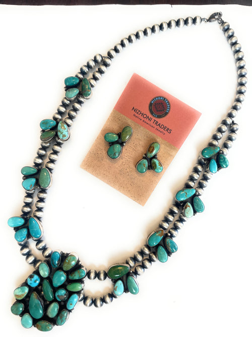 Navajo Beaded Sterling Silver & Royston Turquoise Necklace Set by Ella Peters