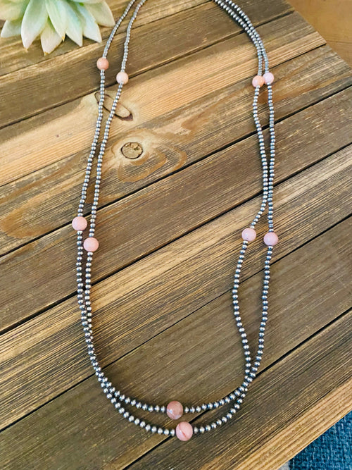 Handcrafted Sterling Silver Pearl & Pink Opal Beaded Necklace 72 inch