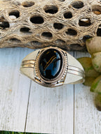 Handcrafted Vintage Onyx & Sterling Silver Cuff Bracelet Signed /