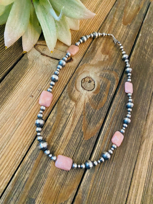 Handcrafted Sterling Silver Pearl & Pink Opal Beaded Necklace