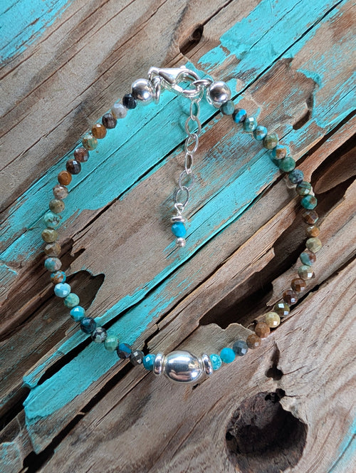 Turquoise Multicolor Stone Beaded Sterling Silver Stretch Bracelet
