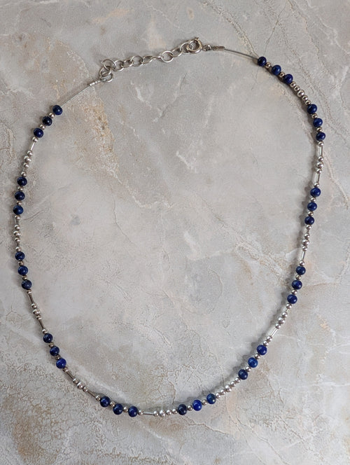 Lapis & Sterling Silver Beaded Necklace 17"