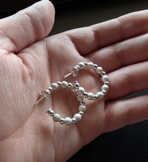 Sterling Silver Alternating Stardust & Liso Beaded Hoop Earrings