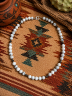 White Howlite Beaded Pearl Sterling Silver Necklace