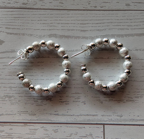Sterling Silver Alternating Stardust & Liso Beaded Hoop Earrings