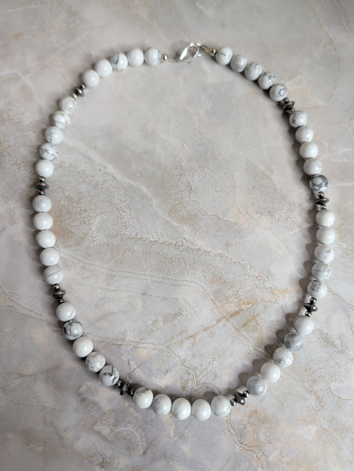 White Howlite Beaded Pearl Sterling Silver Necklace