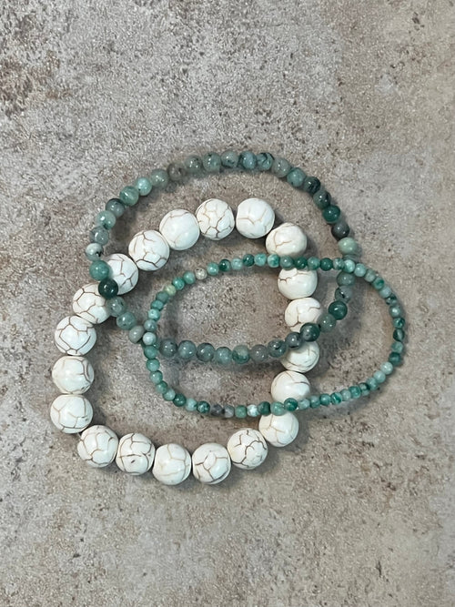 Cream Howlite Stretch Bracelet Set of 3- Green