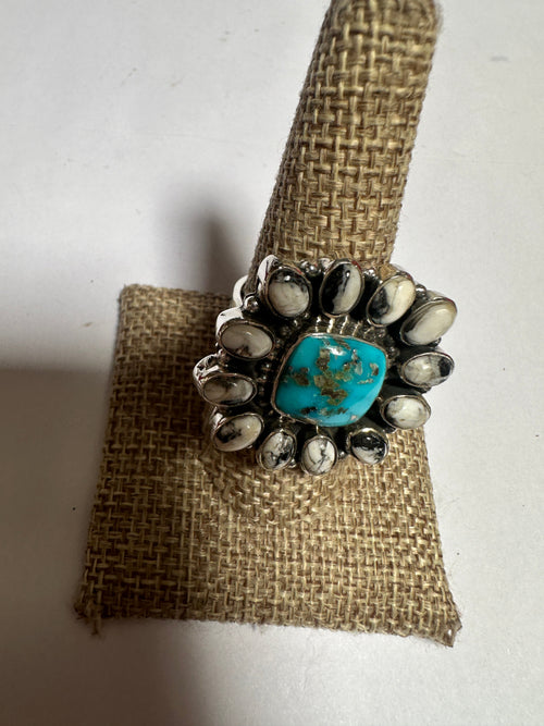 Beautiful Handmade Turquoise, White Buffalo And Sterling Silver Adjustable Cluster Ring