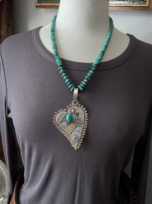 Kimari Somers Hand Stamped Sterling Silver, Brass & Turquoise Queen of Hearts Pendant