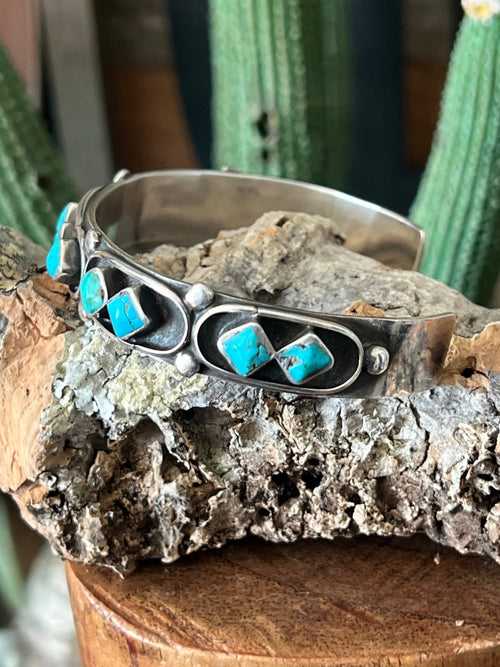 Vintage Zuni Sterling Silver and Four Diamond Turquoise Panel Stacker Cuff Bracelet
