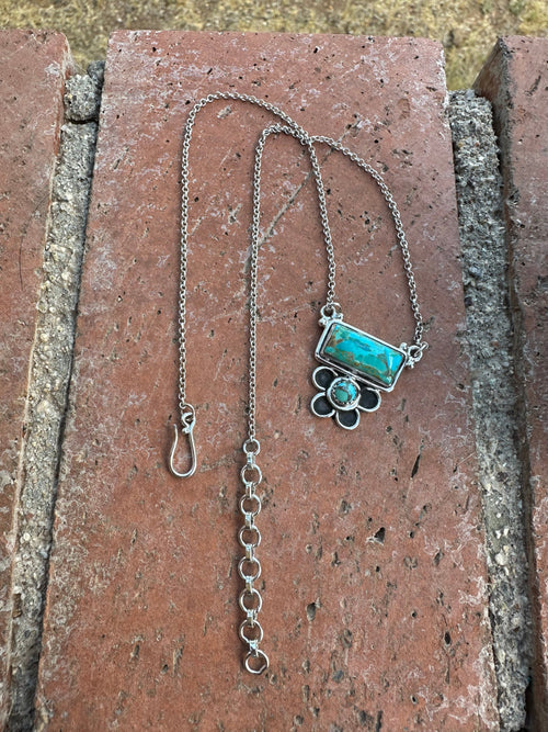 Sterling Silver and Royston Turquoise Flower Bar Necklace