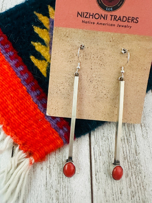 Navajo Sterling Silver & Coral Drop Dangle Earrings