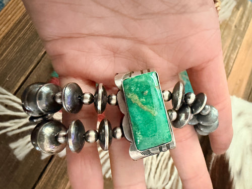 Handcrafted Turquoise & Sterling Silver Beaded Double Sided Jacla Necklace