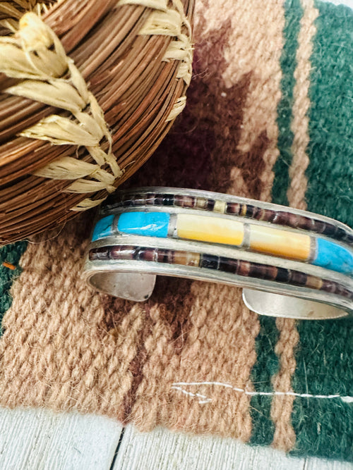 Old Pawn Navajo Multi Stone & Sterling Silver Inlay Cuff Bracelet
