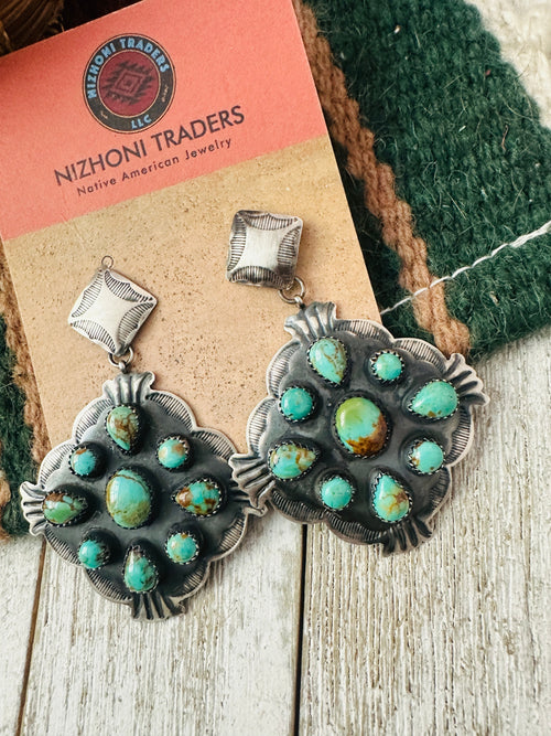 Old Pawn Navajo Sterling Silver & Turquoise Cluster Dangle Earrings