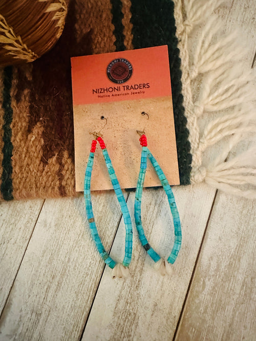 Vintage Old Pawn Handcrafted Turquoise & Coral Beaded Dangle Earrings