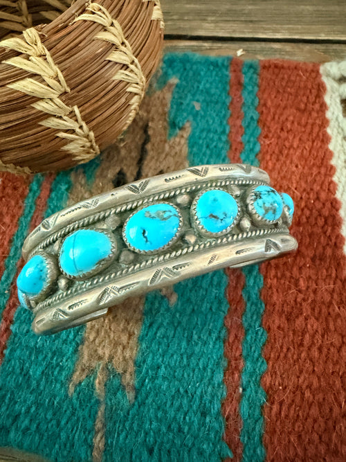 Handcrafted Old Pawn Sterling Silver & Turquoise Cuff Bracelet