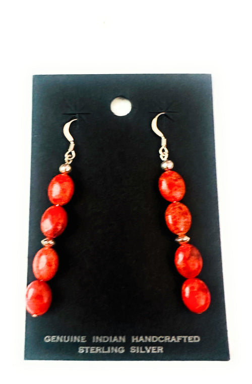 Navajo Sterling Silver Apple Coral Beaded Dangle Earrings