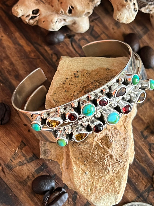 Navajo Made Sterling Silver Gems & Jewels Stacker Cuffs Bracelet by Lucy Jake, Narrow