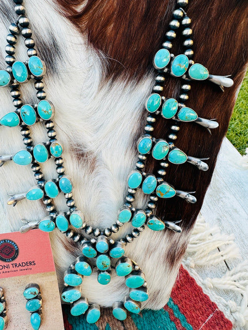 Handcrafted Carico Lake Turquoise & Sterling Silver Squash Blossom Necklace and Earring Set