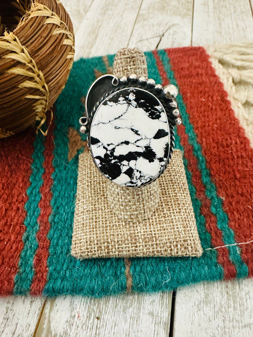 Old Pawn Navajo Sterling Silver & White Buffalo Ring Size 7.75