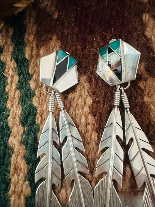 Old Pawn Navajo Sterling Silver, Turquoise & Onyx Feather Clip On Dangle Earrings